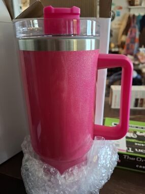 Hot Pink Glitter Insulated Travel Mug with Handle